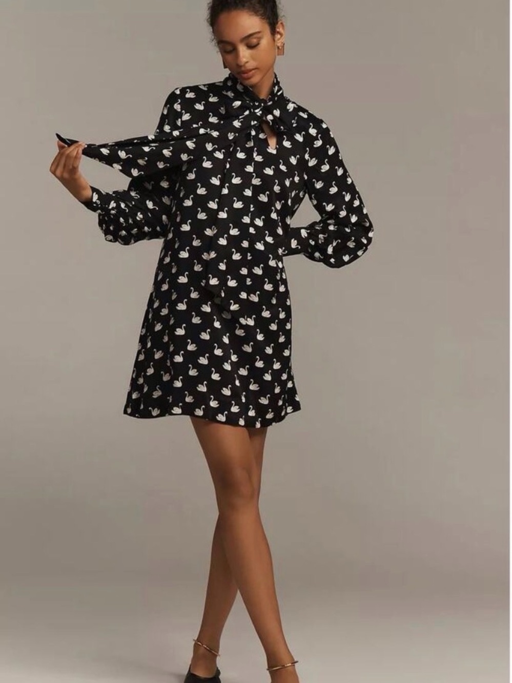 Maeve Black Swan-Print Tie-Neck Long Sleeve Mini Dress “Caroline”